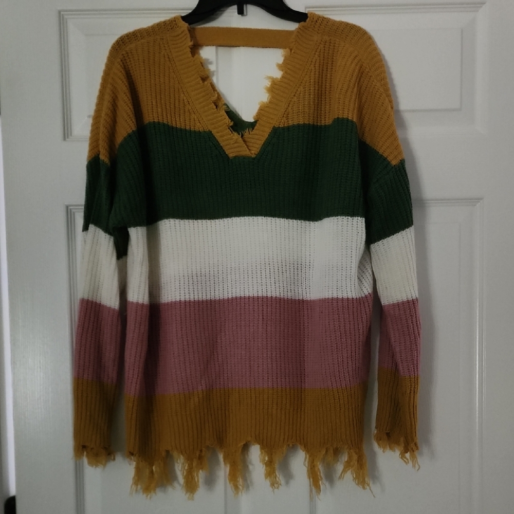 Striped V-Neck Frayed Hem Sweater